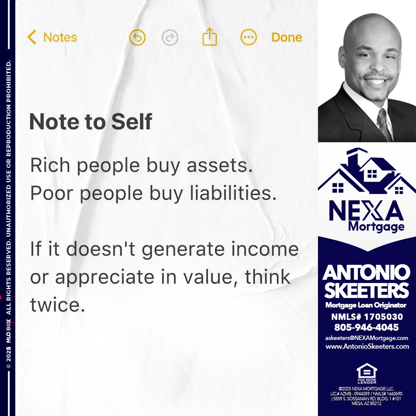 NOTE TO SELF - Antonio Skeeters -Loan Officer